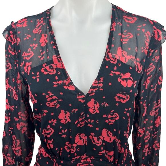AllSaints Harlow Eira Red Floral Ruched V-Neck Long Sleeve Sheer Mini Dress XS - Picture 10 of 11